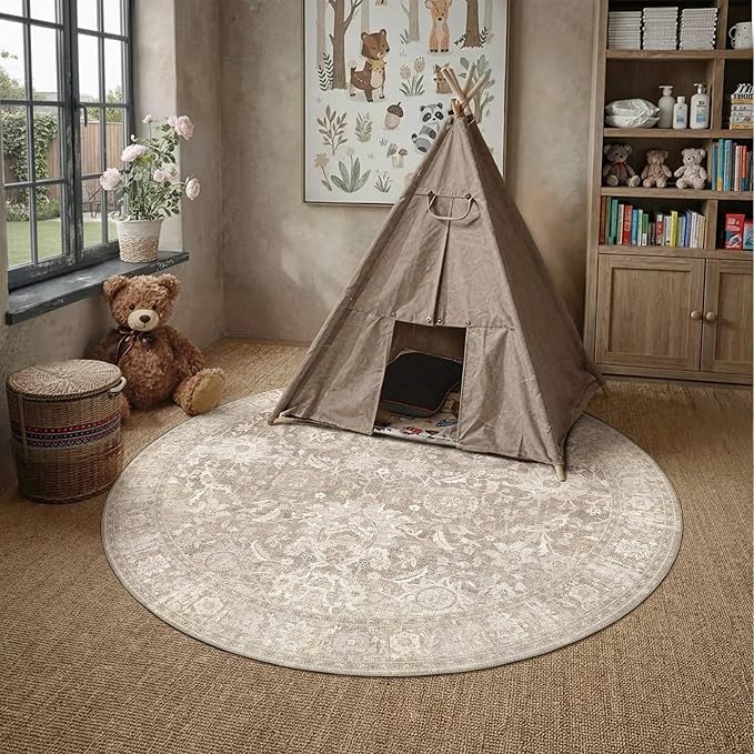 HUGEAR 4x4 Round Rugs Beige Washable Rug for Living Room Bedroom Large Neutral Vintage Rug Carpet Distressed Soft Durable Non Slip No Shedding for Indoor Dining Nursery Farmhouse
