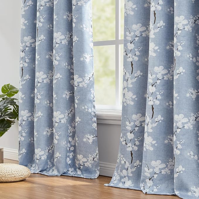 FMFUNCTEX 100% Blackout Blue Floral Curtains, Rod Pocket 18 Inch 1 Panel | Black Out Drapes, Thermal Insulated, Blossom Patterned Short Panel for Kitchen Curtains, Cafe, Bathroom, Door Glass