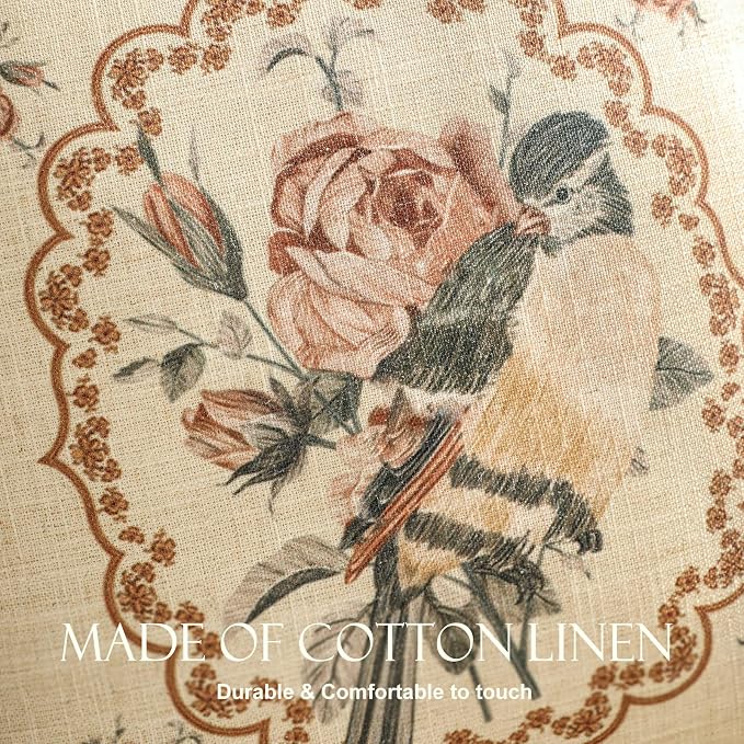 patdrea French Vintage Linen Throw Pillow Cover,Set of 4-ParkerEstate | Decorative Pillow Case with Zipper,Bird and Floral Pattern,Cushion Coverfor Couch Living Room Bedroom Sofa