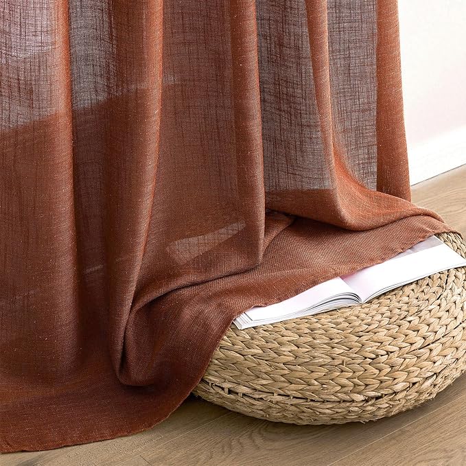MIULEE Burnt Orange Short Linen Curtains 45 Inch Length 2 Panels for Kitchen Bedroom Bathroom, Soft Thick Linen Textured Basement Window Drapes Semi Sheer Light Filtering Back Tab Fall Decorations