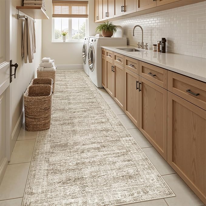 Runner Rug 2'6" x 12' Washable Non-Slip Runner Rugs for Kitchen Bathroom Laundry Room Vintage Ultra Thin Runners for Hallway Entryway Brown