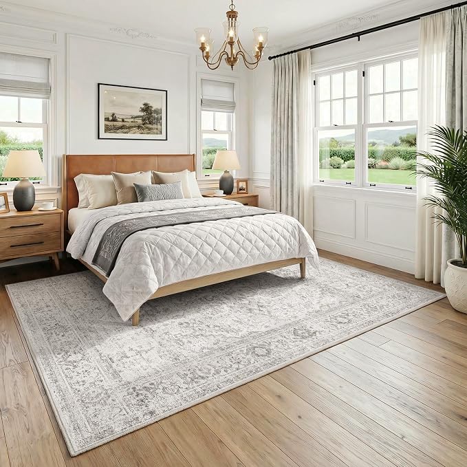 FMFUNCTEX 5x7 Washable Area Rug Neutral Vintage Grey Distressed Non Slip Low Pile Traditional Indoor Carpet for Living Room Bedroom Soft Gray Throw Rug for Dining Office Kitchen Dorm Entryway