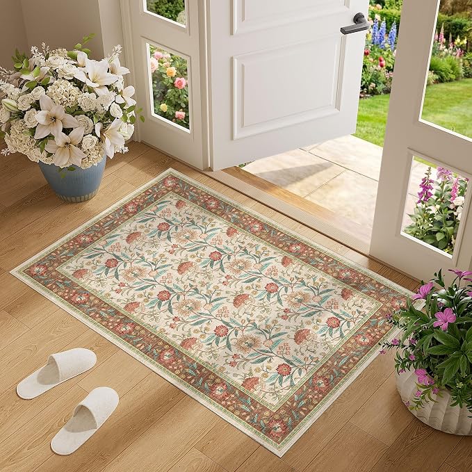 DUKINO 2x3 Rug, Washable Vintage Floral Bathroom Rugs Non Slip, Brown | Low Pile, Stain Resistant Boho Soft Indoor Door Mat, Small Front Door Carpet for Entryway Kitchen Laundry Bedroom Farmhouse