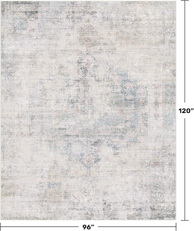 Washable 8x10 Bedroom Rug - Blue Grey Modern Area Rug for Living Room, Dining Room Table, Non Slip Soft Faded Print Carpet, Stain Resistant