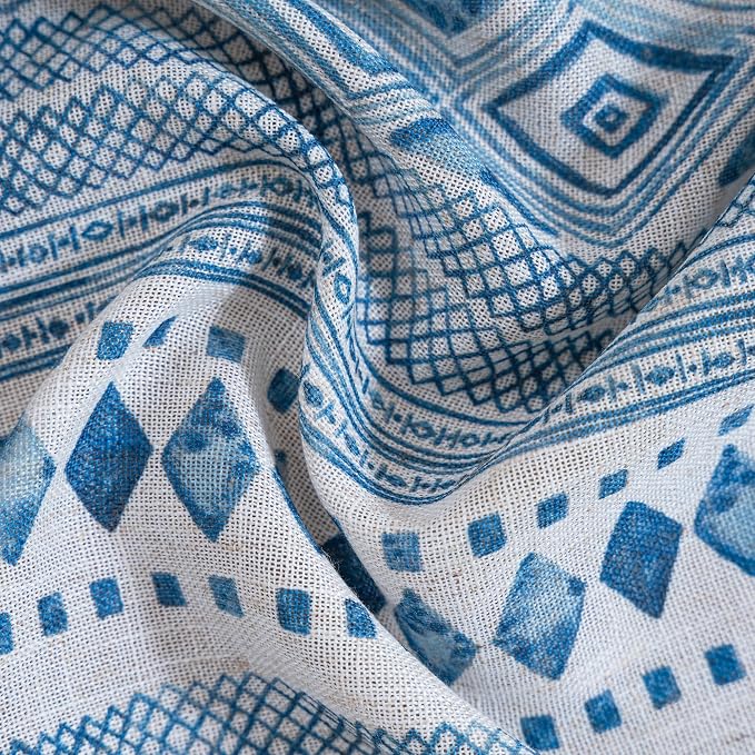 MYSKY HOME Boho Curtains Semi Sheer Linen Blended Curtains 95 Inches Long for Living Room Stripe Patterned Farmhouse Curtains Light Filtering Privacy Back Tab Drapes, 50'' Wide, Blue, 2 Panels