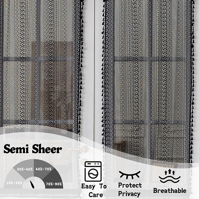 Sutuo Home Black French Door Curtains for Drapery Glass & Sidelights, Boho French Country Style Tassels Vintage Drapes Window Curtains for Front Door Patio Decor, Rod Pocket 2 Panels 25" W x 40" L