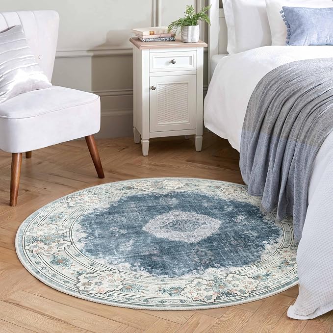 MUJOO Blue Round Rug 4ft Small Circle Washable Area Rug Non Slip Floral | Circular Rugs for Bedroom Living Room Entryway Bathroom Bedroom Throw Carpet Boho Soft Low Pile Indoor Flowers Blue and Grey