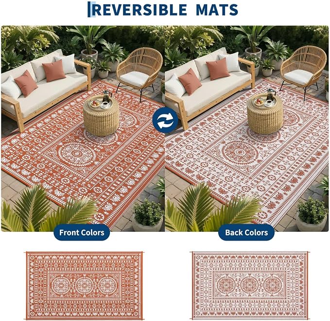 Garvee Reversible Outdoor Rug 6x9 for Patio, Waterproof Outdoor Area Rug, Modern Medallion Indoor Outdoor Rugs, Plastic Straw Rug for RV, Camping, Deck, Vintage Terracotta