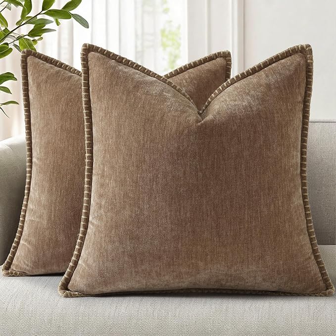 decorUhome Soft Chenille Throw Pillow Covers 20x20 Set of 2 Brown | Fall Textured Decorative Throw Pillow Cases Stitched Edge Modern Farmhouse Luxury Boho Velvet for Couch Sofa Bed Home Decor