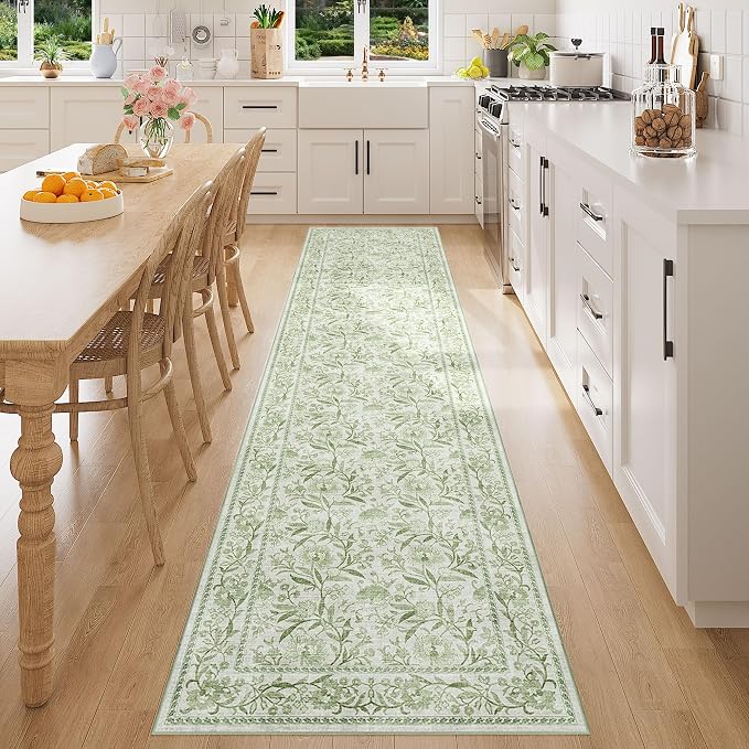DUKINO 2x10 Runner Rug for Hallway, Washable Vintage Floral Rug, Sage Green | Non Slip, Low Pile, Non-Shedding, Stain Resistant Soft Long Runner Carpet for Kitchen Bathroom Entryway Bedroom Farmhouse