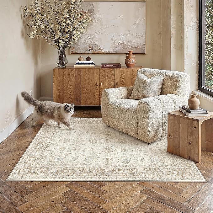 3x5 Washable Neutral Area Rug for Entryway Beige Floral Soft Non Slip Carpet Low Pile Distressed Door Mat for Bathroom Bedroom Entrance Living Room