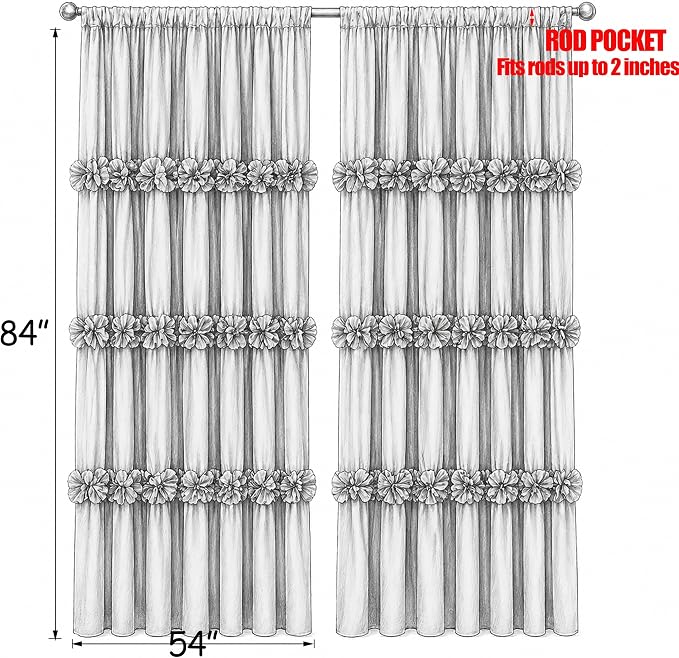Homechoice Decor Blackout Window Curtains Gray, 54" W x 84" L x 2 Panels | Boho Ruched Thermal Insulated Window Treatments with 3 Rows of Butterfly Flowers, Rustic Rod Pocket Drapes for Room (LQ-30)