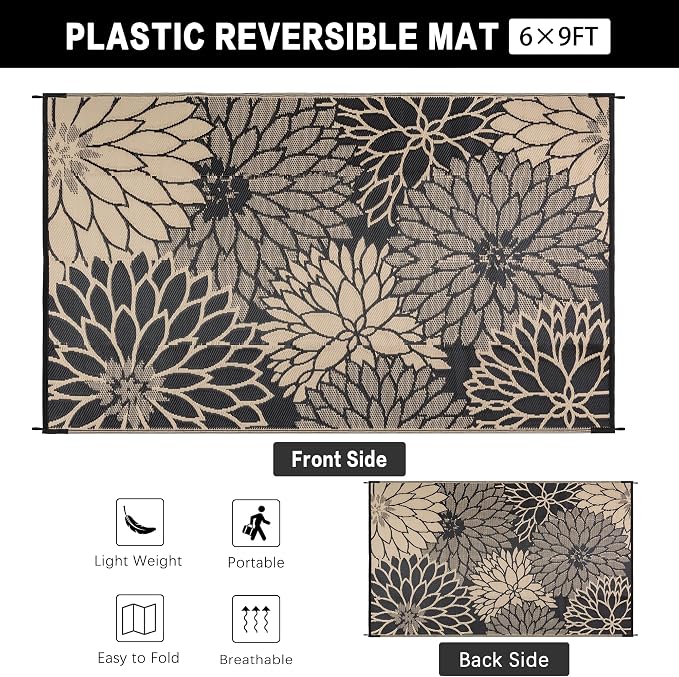 HUGEAR 6'x9' Outdoor Rug Waterproof Plastic Straw Rugs Brown Reversible Floral Mat Floor Carpet for Camping RV Deck Entryance Porch Picnic Balcony Beach Backyard