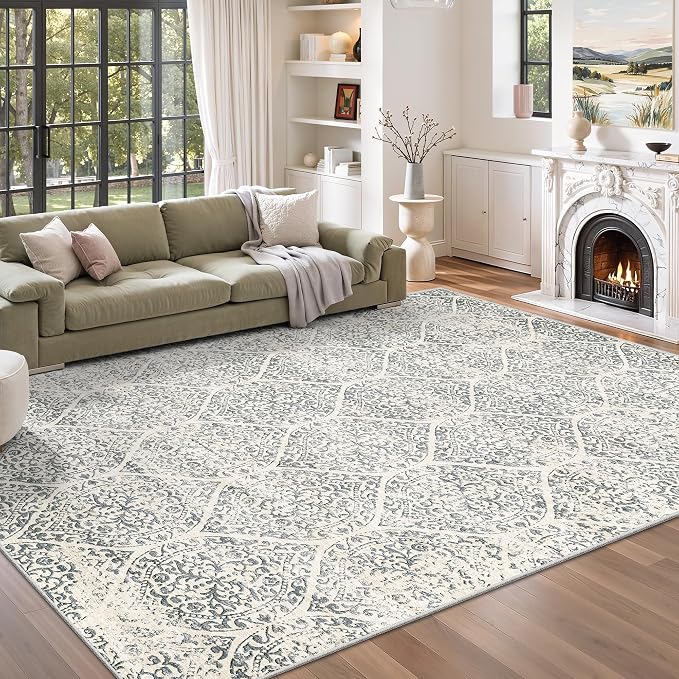 Soalmost 5x7 Area Rugs for Living Room, Washable Moroccan Trellis Soft Rug | Non-Slip Low Pile Rug Soft Throw Carpet for Dining Room Bedroom Home Office Nursery Grey, 5'x7'