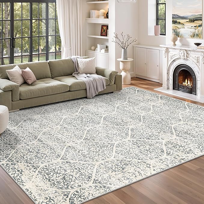 Soalmost 6x9 Area Rugs for Living Room, Washable Moroccan Trellis Soft Rug | Non-Slip Low Pile Rug Soft Throw Carpet for Dining Room Bedroom Home Office Nursery Grey, 6'x9'