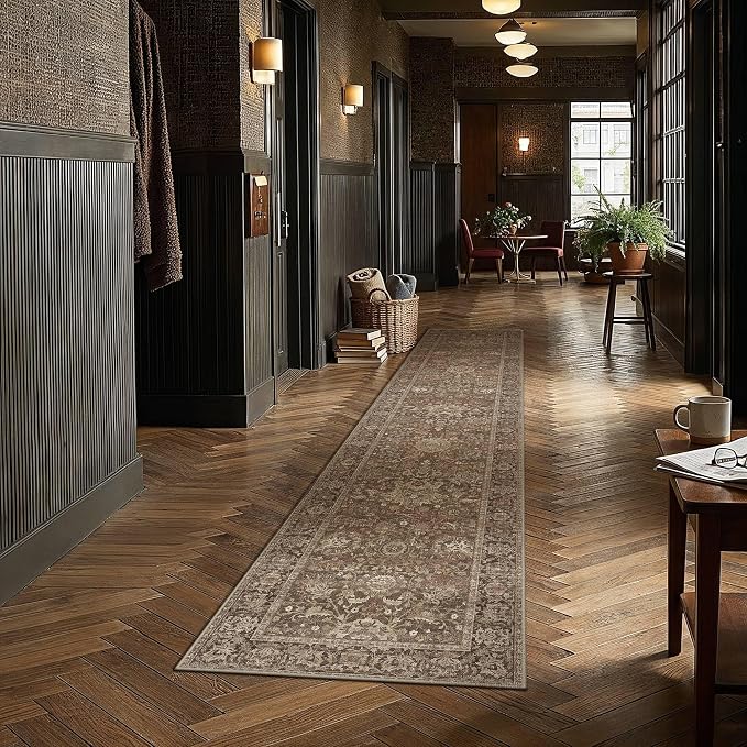 HUGEAR Hallway Runner Rugs 2x10 Brown Washable Rug Neutral Vintage Rug Carpet Distressed Soft Durable Non Slip No Shedding for Indoor Bedroom Kitchen Dining Nursery Laundry