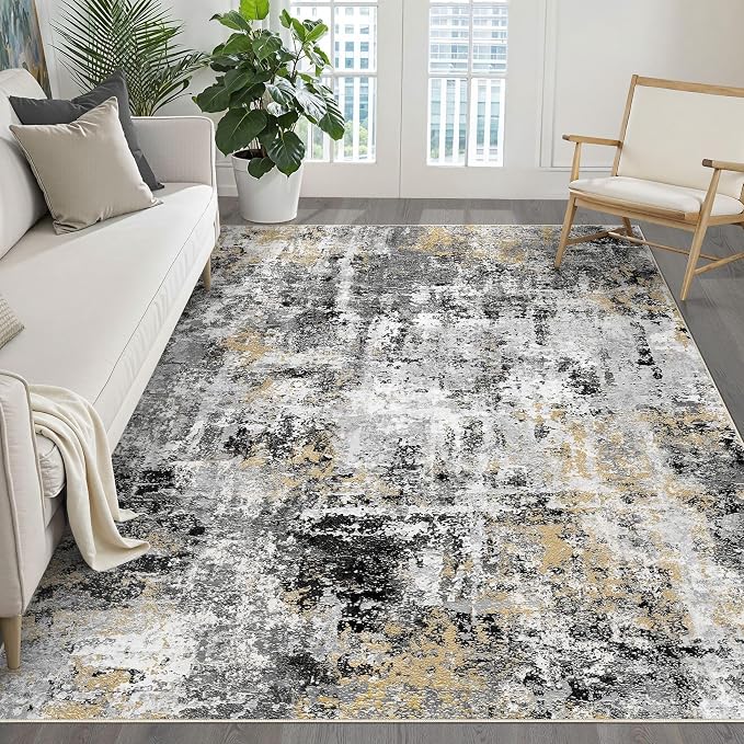 5x8 Area Rug Living Room: Washable Large Abstract Neutral Modern Soft Rug Stain Resistant Indoor Floor Non-Slip Accent Carpet for Bedroom Nursery Playroom Dining Room Office Dorm Home- Black Gold