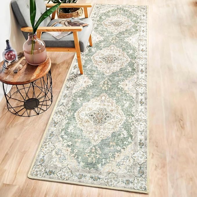 MUJOO Green Runner Rug Washable 2x8 Area Rugs Non Slip Low-Pile Flowers | Long Throw Carpet for Hallways Entryway Kitchen Bathroom Bedside Bedroom Laundry Boho Soft Indoor Retro Floral Sage Green