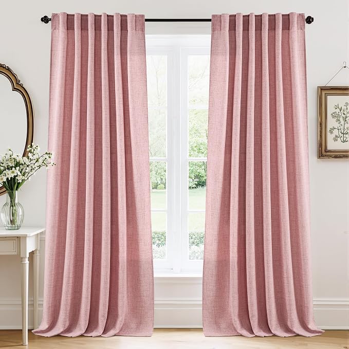 RYB HOME Living Room and Dining Room Curtains and Drapes Linen Sheer, Light Filtering Curtains 96 inches Long, Back Tab/Rod Pocket, Peach Blush, W 52 x L 96 inches, 2 Panels Set