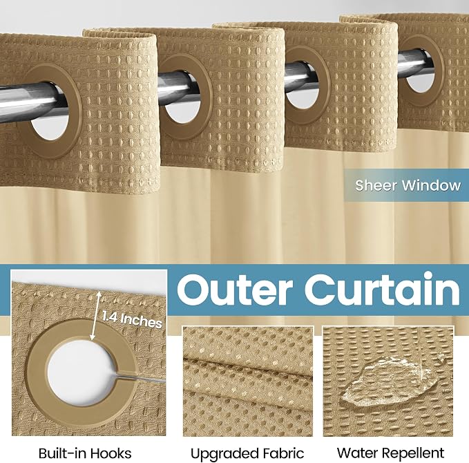 EUTXL Heavyweight Beige Stall No Hook Shower Curtain with Snap in Liner,256GSM Waffle Weave Shower Curtains for Bathroom,54W x 80H