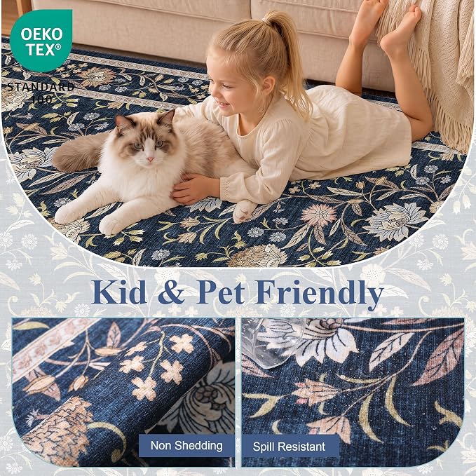DUKINO 2x8 Runner Rug, Washable Vintage Floral Kitchen Rugs, Navy Blue | Non Slip, Low Pile, Stain Resistant Aesthetic Soft Carpet Runner for Hallway Bathroom Entryway Bedroom Farmhouse Laundry Room