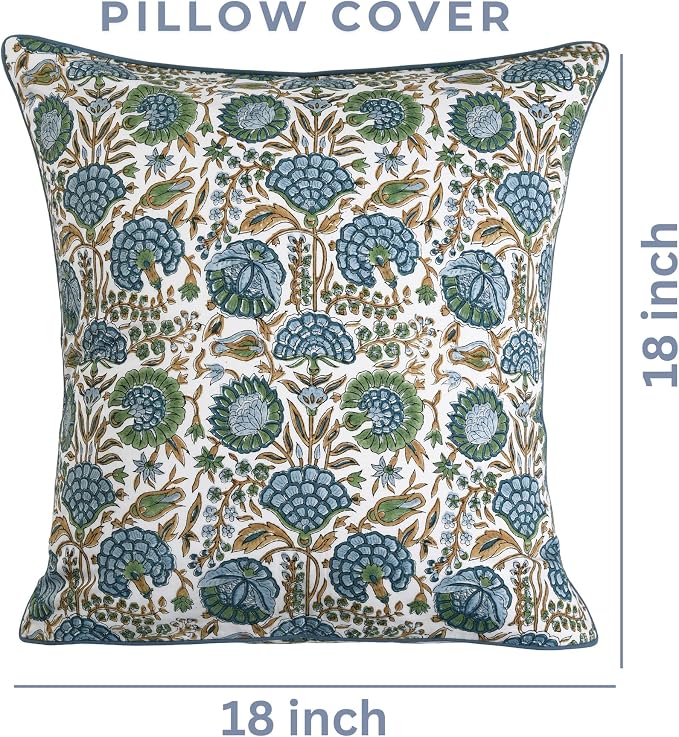 Ridhi Block Print Asparagus Green Pillow Cover 18" x 18" (Pack of 2) Decorative Couch Pillows for Living Room, Farmhouse Chic Boho Cute Outdoor Pillows Covers Gifts for Spring, Mother's Day