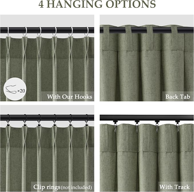 Aersas Linen Pinch Pleated Light Sage Curtains 108 Inches 2 Panels Set for Living Room Semi Sheer Light Filtering Privacy Windows Sliding Glass Door Curtain Farmhouse House Decorations 9 FT Green