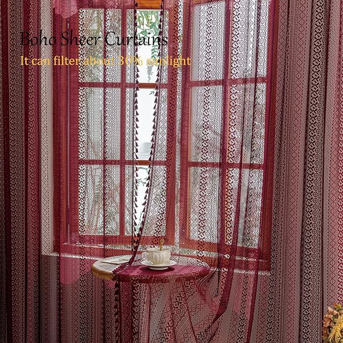 Sutuo Home Boho Curtains 2 Panels for Kitchen Bedroom, Red Lace Curtains Semi Sheer Crochet Vintage Country Tassels Bohemian Drape Privacy Window Treatments Rustic Decor Rod Pocket, 50" x 63" Burgundy