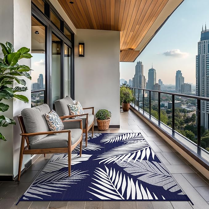 GENIMO Outdoor Rug 5' x 8' Waterproof for Patios Clearance, Reversible Outdoor Plastic Straw Camping Rug Carpet, Large Area Rugs Mats for RV, Picnic, Backyard, Deck, Balcony, Porch, Beach, Blue&White | Outside Larger Leaf Carpet Mat for Porch Decor, De...