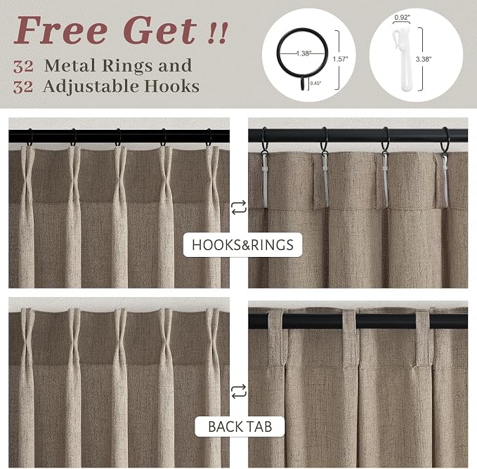 Dark Brown Pleated 102 Inch Extra Long Curtains 4 Panels Set for Sliding Glass Doors, Memory Trained Linen Sheer High Ceiling Cottage Core Curtain Light Filtering Non See Through Large Window Drapes