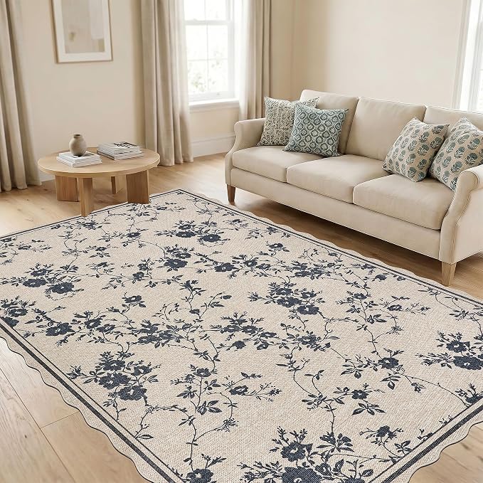ORTIGIA Scalloped Easy Jute 5x7 Area Rug Vintage Black Floral Farmhouse Washable Rug Non-Slip Indoor Outdoor Carpet for Living Room Bedroom Patio Entryway