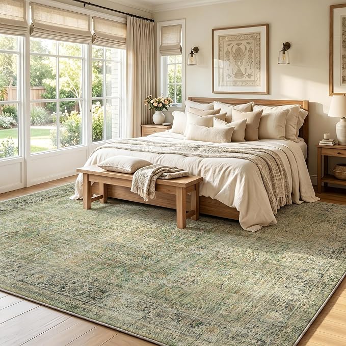 Beauoop 6x9 Washable Green Vintage Retro Large Area Rug for Living Room | Distressed Oriental Traditional Faded Non Slip Low Pile Thin Soft Indoor Throw Rug Pattern Bedroom Dining Room Office Nursery