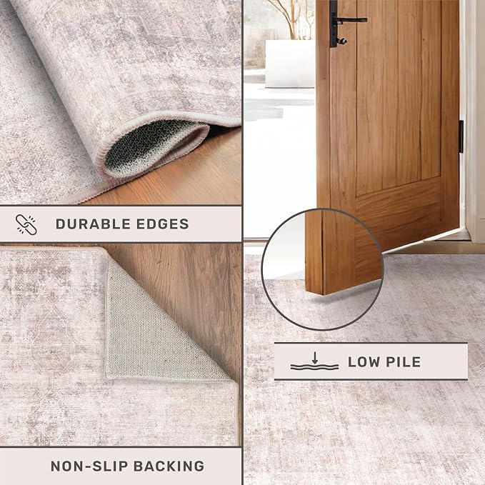Washable Modern Living Room 8x12 Area Rugs - Pink and Grey Rug for Dining Room Under Table, Large Bedroom Carpet, Non Slip & Soft, Medallion Distressed Print Pattern