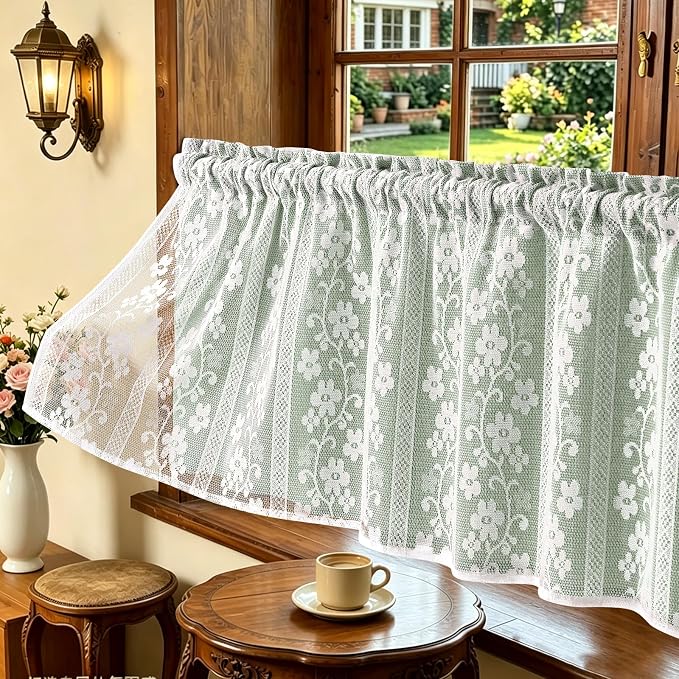ASPMIZ Linen Valances for Windows Double Layer Valance Curtains with Lace Overlay, Sage Green Kitchen Curtains Light Filtering, Rod Pocket Window Valances for Living Room, Kitchen, Cafe, 52x18