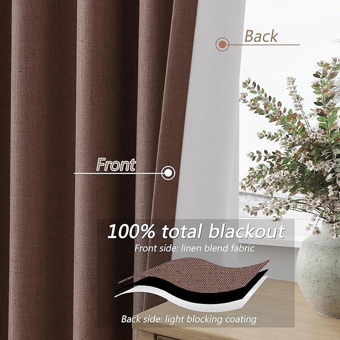Guken Cappuccino 100% Blackout Linen Curtains 108 Inch Length 2 Panels Set for Living Room Bedroom Back Tab/Rod Pocket Thermal Insulated Farmhouse Black Out Drapes Room Darkening,52x108