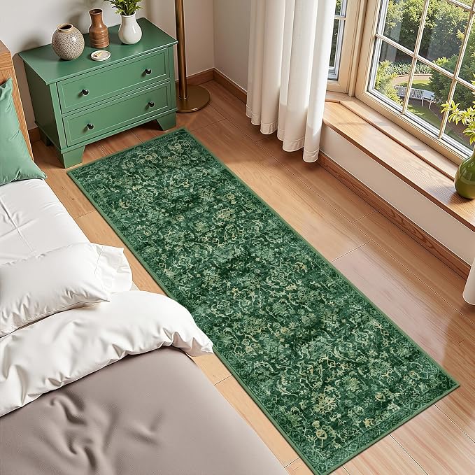Dark Green 2x5 Runner Rug for Hallways Bed Side Kitchen, Boho Washable Distressed Low-Pile Floor Entryway Long Bathroom Mat, Non-Slip Laundry Room Washstand Front Carpet Green 24x60 Inch