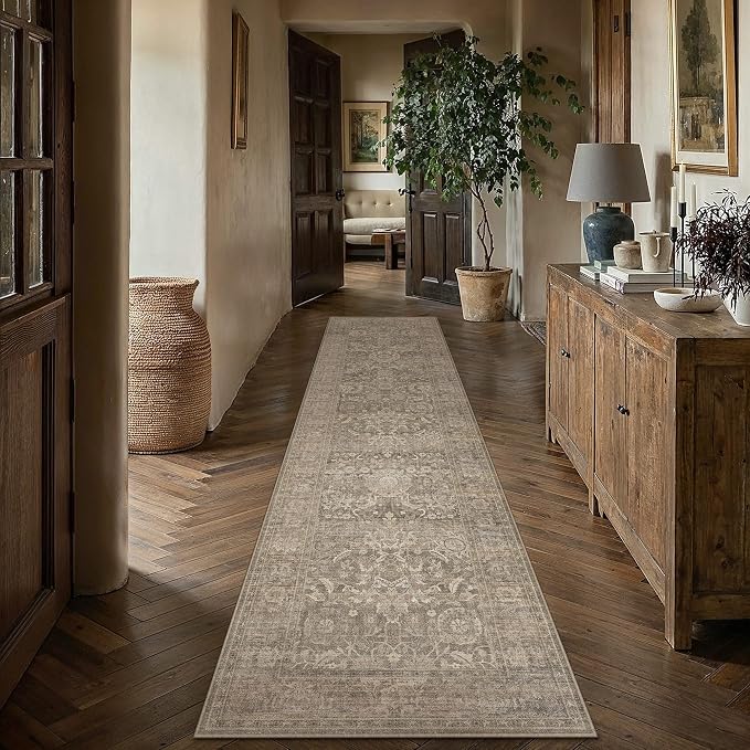 HUGEAR Hallway Runner Rugs 3x8 Light Brown Washable Rug Neutral Vintage Rug Carpet Distressed Soft Durable Non Slip No Shedding for Indoor Bedroom Kitchen Dining Nursery Laundry