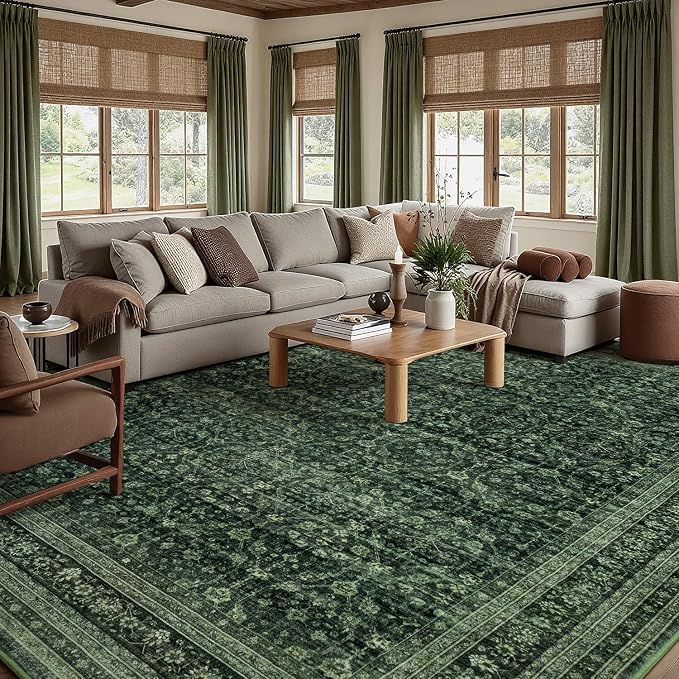 9x12 Area Rugs for Living Room Bedroom, Washable Large Rugs Non-Slip | Vintage Distressed Retro; Low Pile; Stain Resistant; Neutral Boho Carpet for Dining Room, Nursery, Home Office; Moss Green