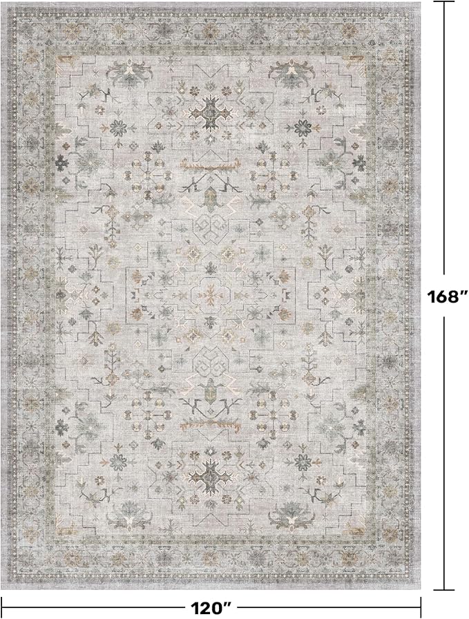 Large Light Gray & Sage 10x14 Living Room Rug - Vintage Floral Area Rug for Dining Room, Washable Low Pile Bedroom Carpet, Modern Eclectic Geometric Decor & Stain Resistance
