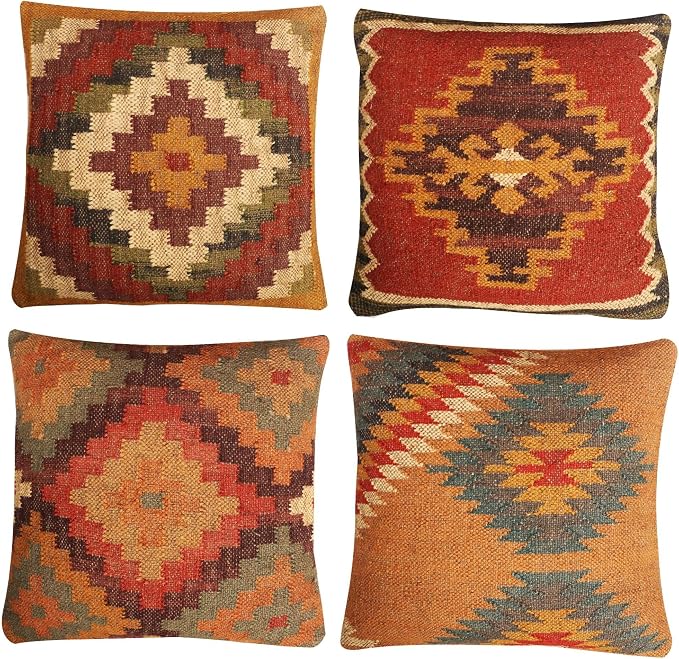 Set of 4 Geometric Wool Jute Square Throw Pillow Covers -Decorative 18 x 18 Inches Multicolour Cushion Covers Perfect for Sofa/Couch/Bed/Home/Outdoor/Car (Multicolour - 04)