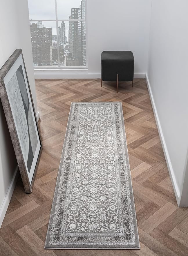 Amber Traditional Floral Runner Rug for Kitchen, 2x7 Vintage Persian-Inspired Gray Runner, Medium Pile Stain Resistant Carpet for Bedroom, Hallway or Entryway (2' x 7', Gray)