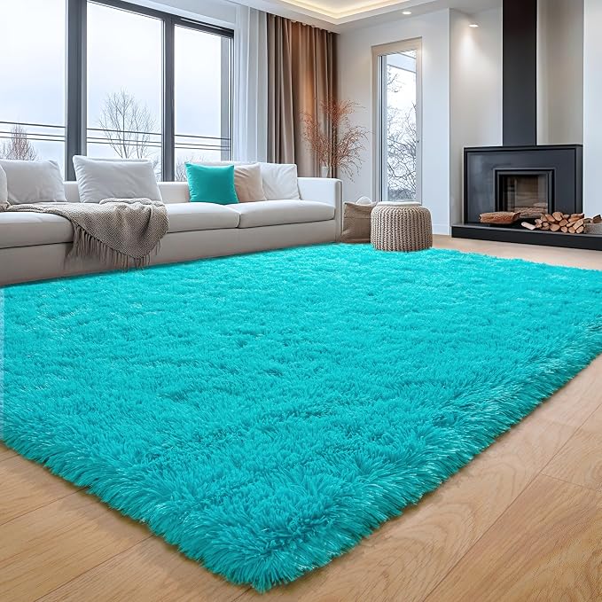 Teal Blue Shag Rug for Bedroom, 4x5.9 Fluffy Area Rugs Living Room | Soft and Comfy, Fuzzy Bedside Carpet for Nursery and Kids Room, Girls, Boys Dorm Home Decor Aesthetic, Upgrade Non Slip
