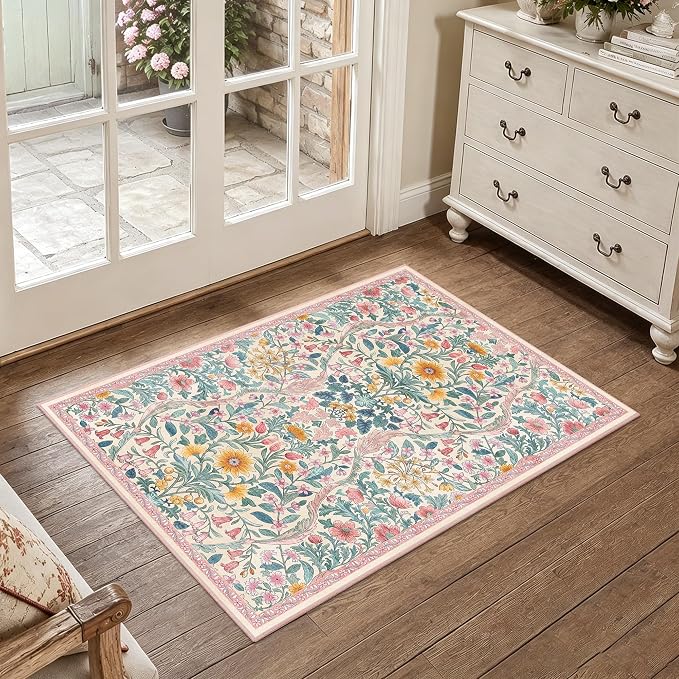 Floral 2x3 Entryway Rug,Washable Front Door Mat Indoor Non Slip Low Pile Small Carpet, Soft Pink Boho Botanical Throw Rug for Bathroom Bedroom Kitchen Laundry Indoor Entrance