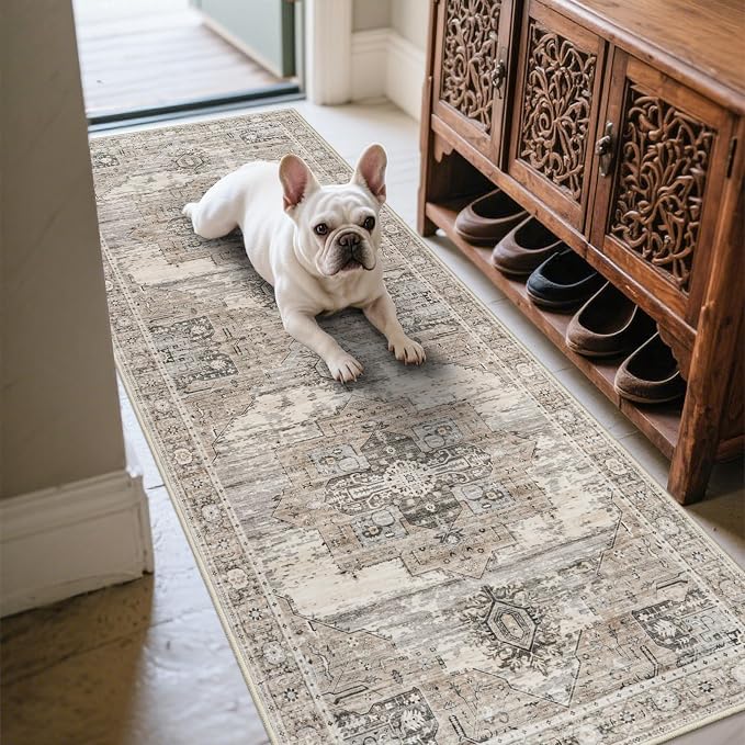 RUUGME Washable 2x6 Runner Rugs - Large Boho Rug for Living Room Vintage Tribal Rugs for Bedroom Kitchen Bathroom Non Slip Backing Home Decor Floor Decoration Mat 2X6 Beige