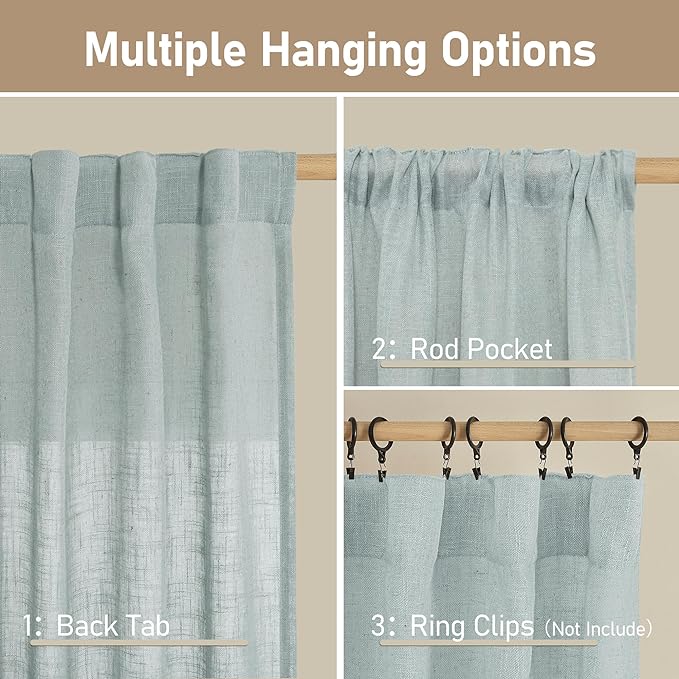 LAMIT Extra Wide Linen Curtains for Bedroom, Light Filtering Faux Linen Textured Panels Semi Sheer Back Tab and Rod Pocket Boho Drapes for Living Room/Farmhouse, 2 Panels, Greyish Blue, 60 x 84 Inch
