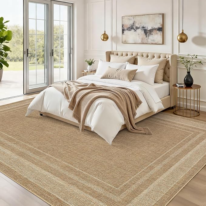 GarveeHome 5x7 Washable Rug for Bedroom Solid Easy Jute Living Room Rugs | Non Slip Modern Neutral Bordered Stain Resistant Indoor Throw Carpet for Nursery Kitchen Dining Room Entryway, Jute