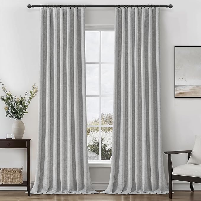 QJmydeco 102 Inch Long Gray Blackout Curtains for Bedroom 2 Panels Set, Natural Linen Pleated Floor to Ceiling Thermal Drapes Hooks Rings Back Tab 50 x 102 Inches Length Textured Window Drapes Decor