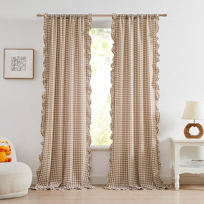 ZJDECOR Brown White Buffalo Plaid Curtains 84 Inches Long for Bedroom | Cottage Ruffle Not-See-Through Sheer Crinkle Drapes,Farmhouse Window Treatment,Nursery Living Room,Rod Pocket,40"Wx84"Lx2