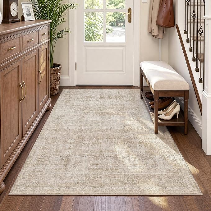 Beauoop 4x5 Washable Beige Neutral Vintage Distressed Area Rug for EntryWay | Cream Retro Non Slip Low Pile Soft Thin Traditional Indoor Small Carpet Throw Rugs Entry Entrance Kitchen Bedroom Office Dorm