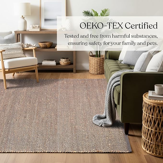 Handwoven Jute and Cotton Area Rug - Natural Rug, Farmhouse Accent Rug for Living Room, Bedroom, or Entryway - Sustainable, Flatweave - (5x8 Dark Grey)